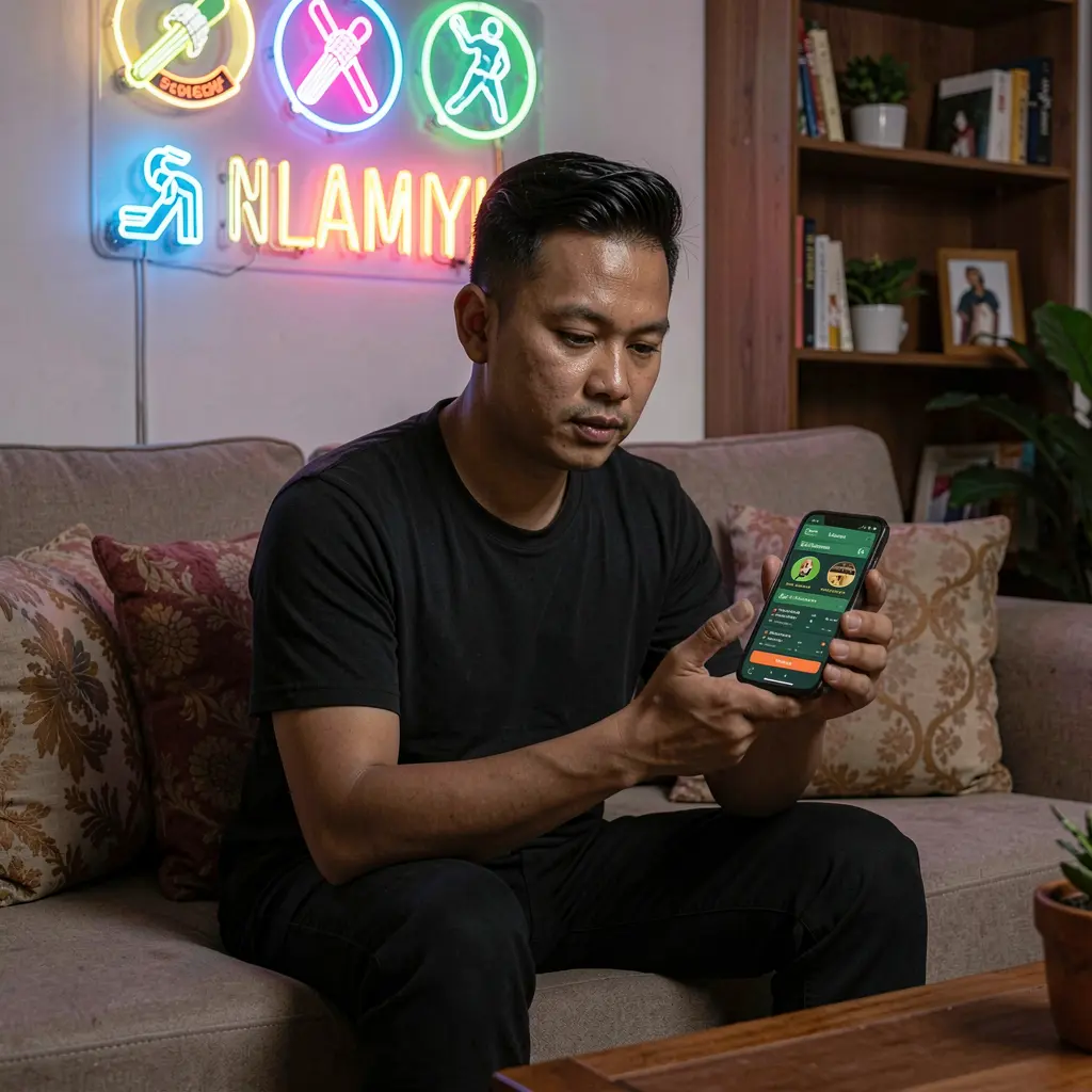 Relaxed Malaysian player using the PADU88 sports betting app on his phone with glowing cricket icons and neon lights in a cozy evening scene