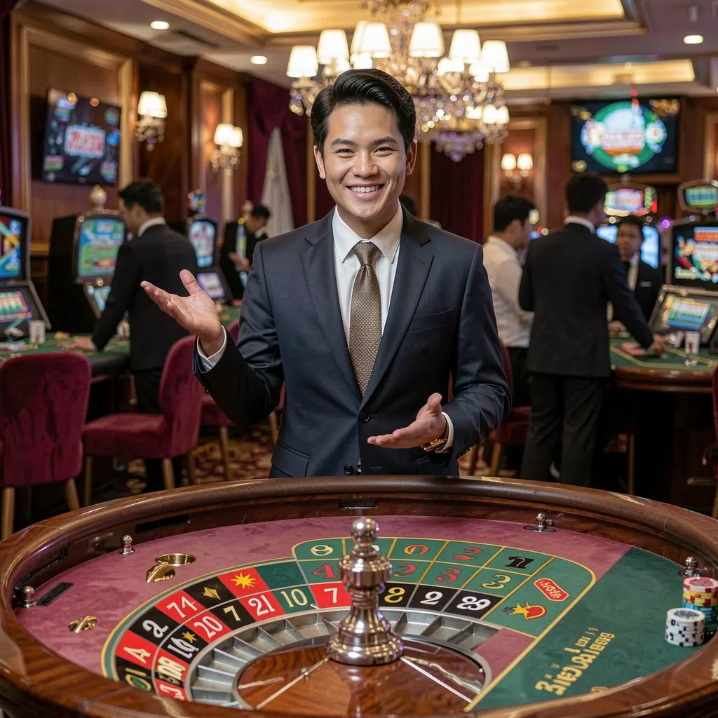Professional live casino dealer presenting a roulette table in a luxury studio environment highlighting the authentic live casino experience at PADU88 for Malaysia