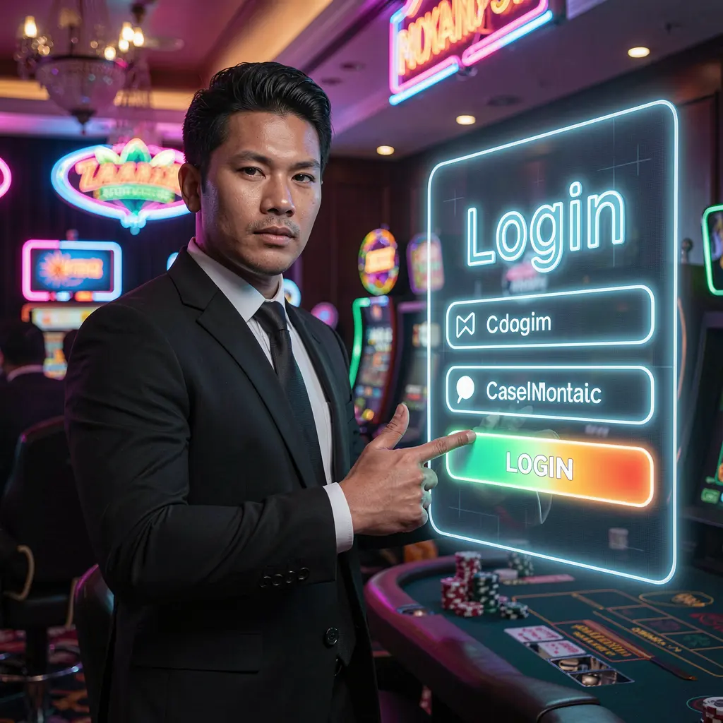 Professional Malaysian casino host pointing at a glowing digital login interface inside the PADU88 platform with neon casino lights