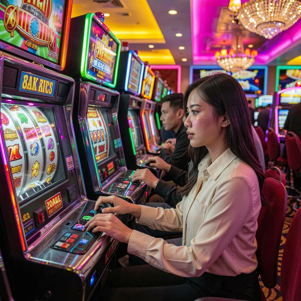 A stylish Malaysian woman in a hijab playing a modern slot machine in a vibrant casino atmosphere at PADU88 with colorful lights and immersive gameplay